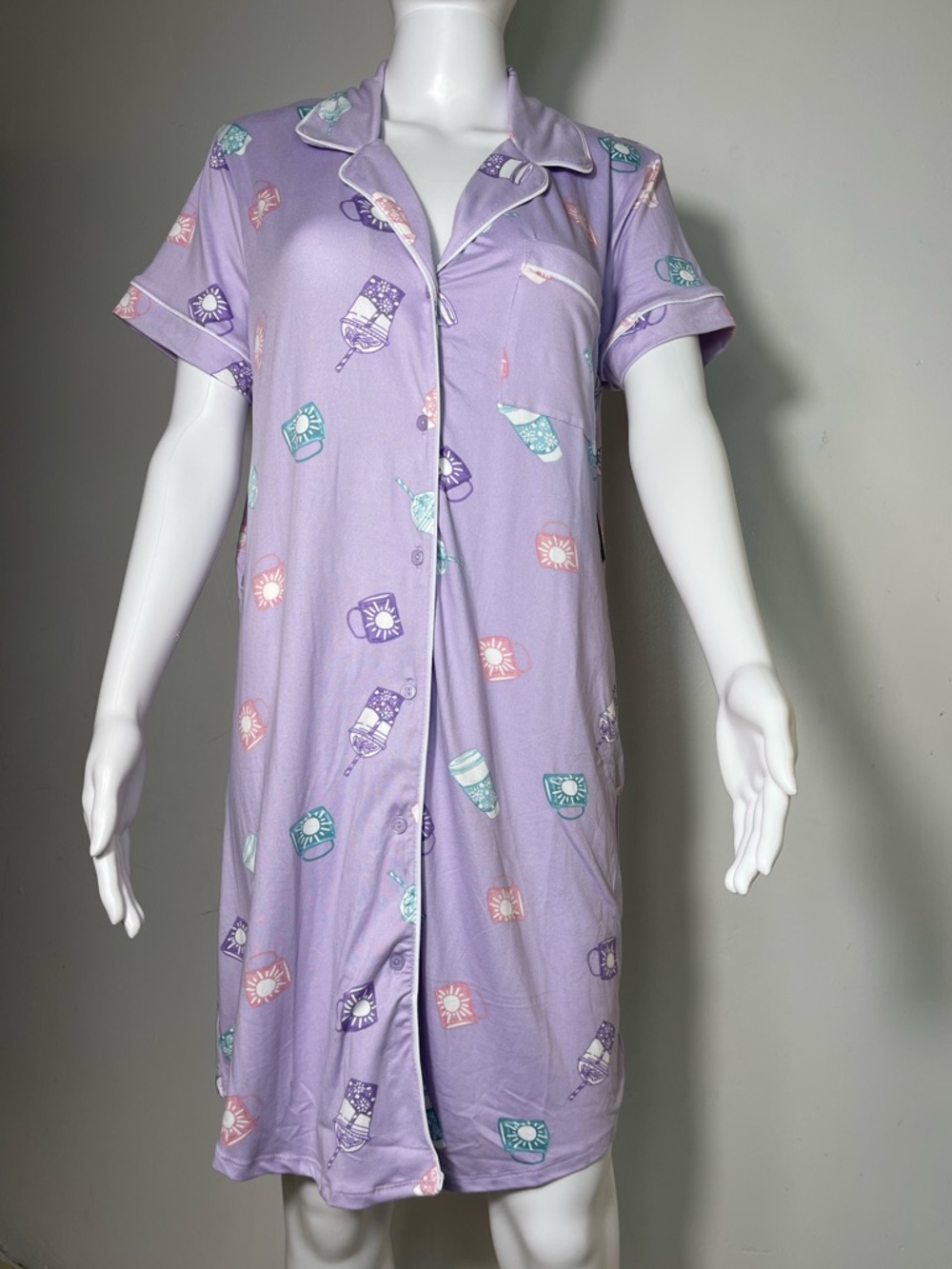 Derek Heart Lavender Short-Sleeve Button Nightshirt with Pastel Print Size S NWT